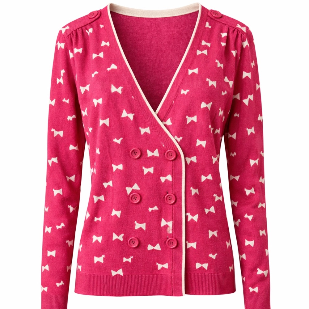 Pink Bow Print Cardigan V Neck Knit Sweater Retro Chic